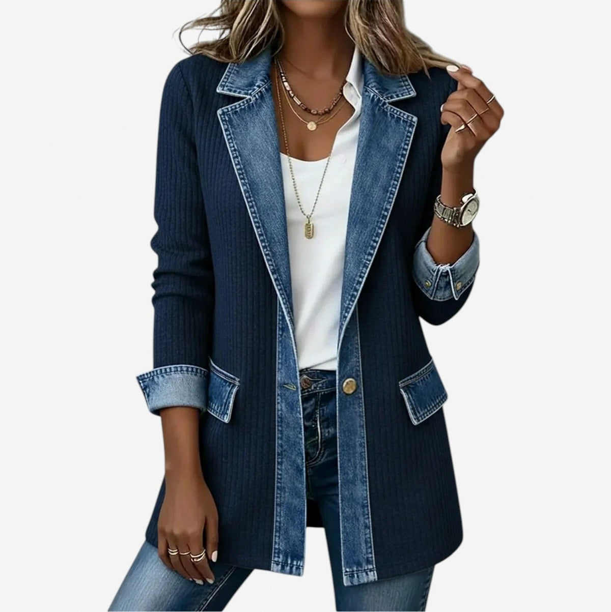 Denim Trim Ribbed Cardigan