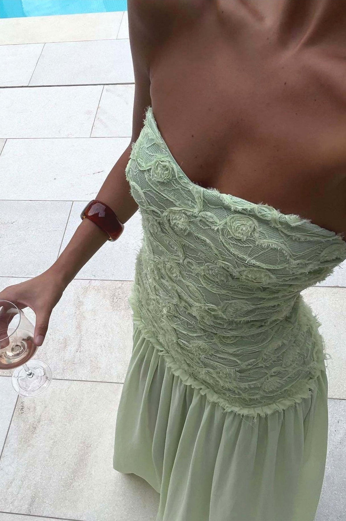 Lace Strapless Drop Waist Maxi Dress