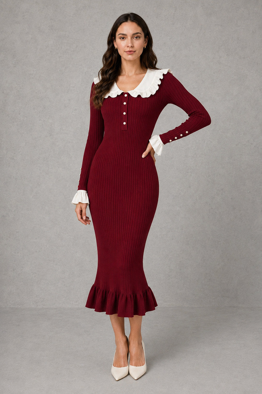 Ribbed Knit Collared Midi Dress