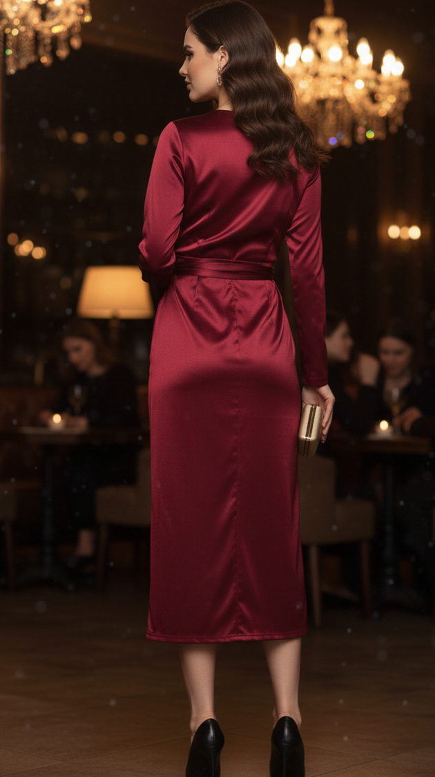 Satin Long Sleeve Wrap Midi Dress