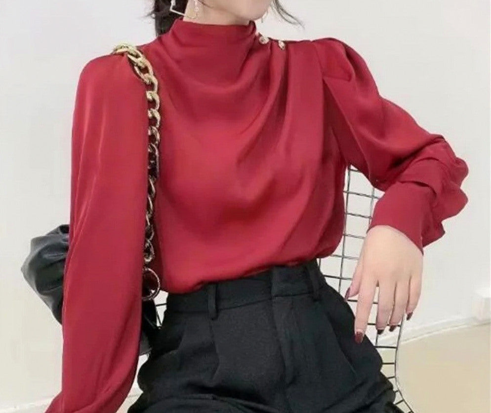 Satin Mock Neck Long Sleeve Blouse