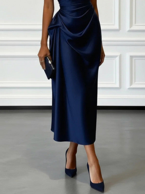 Satin One Shoulder Draped Midi Dress