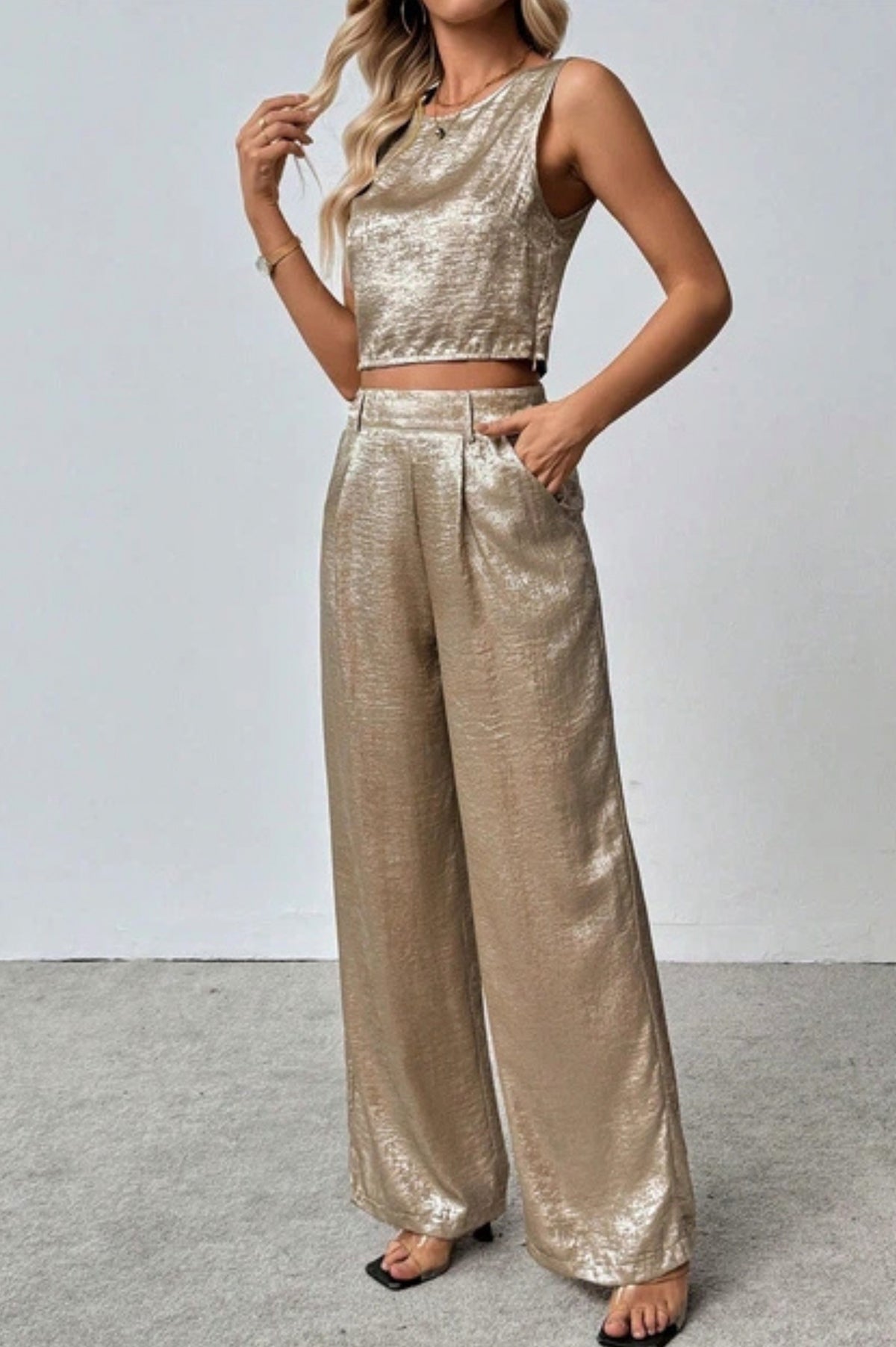 Satin Pleated Wide Leg Matching Set