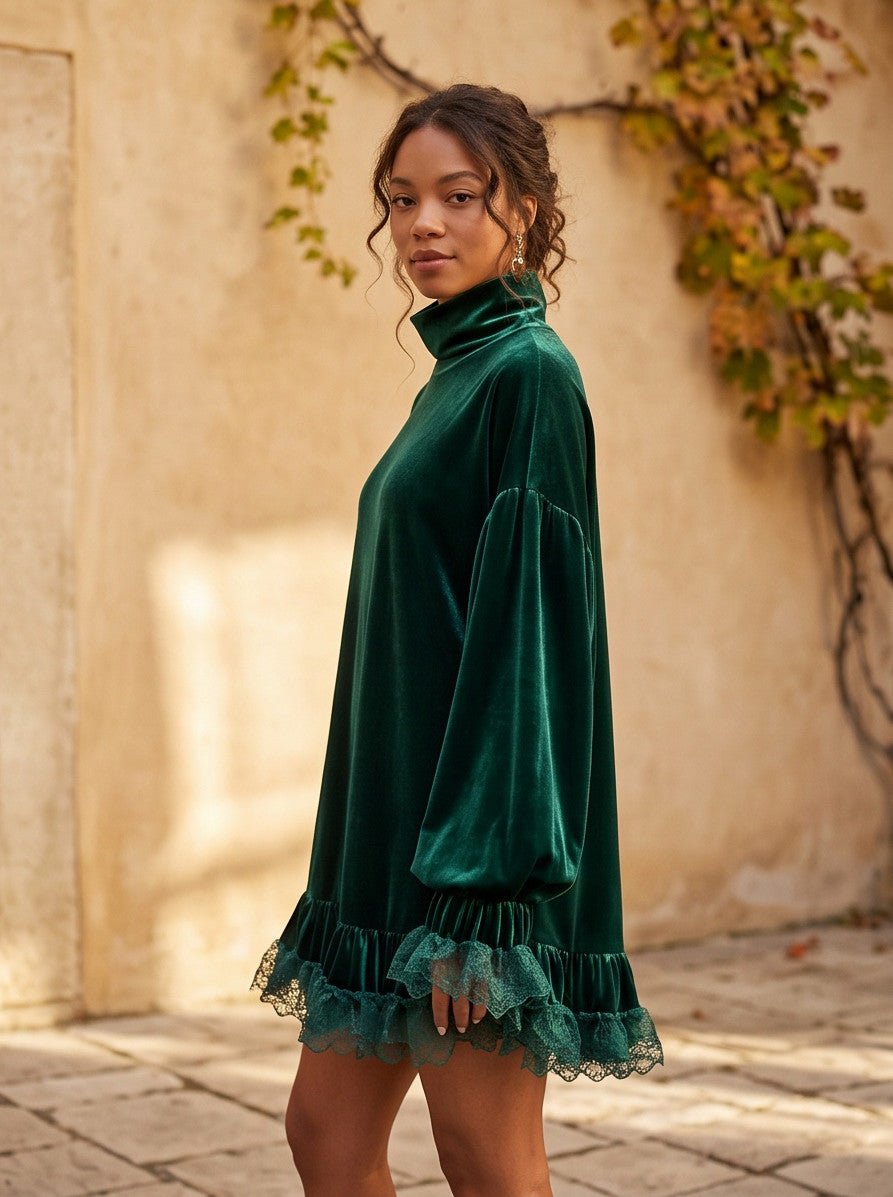 Velvet Lace Trim Mini Dress