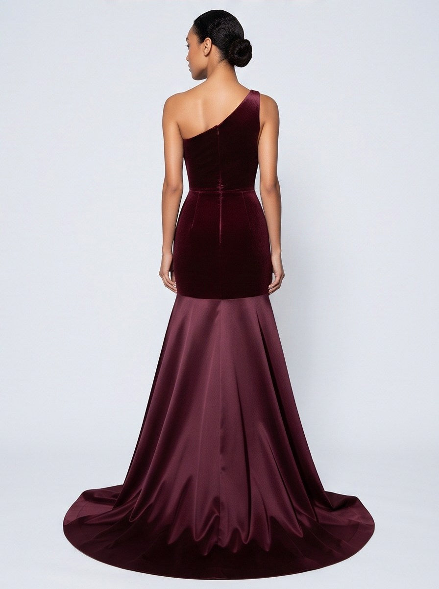 Velvet One Shoulder Satin Maxi Dress