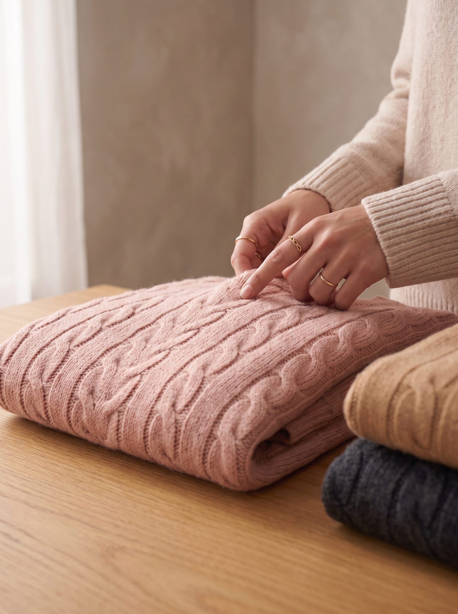 Hands checking the cable texture of a blush knit