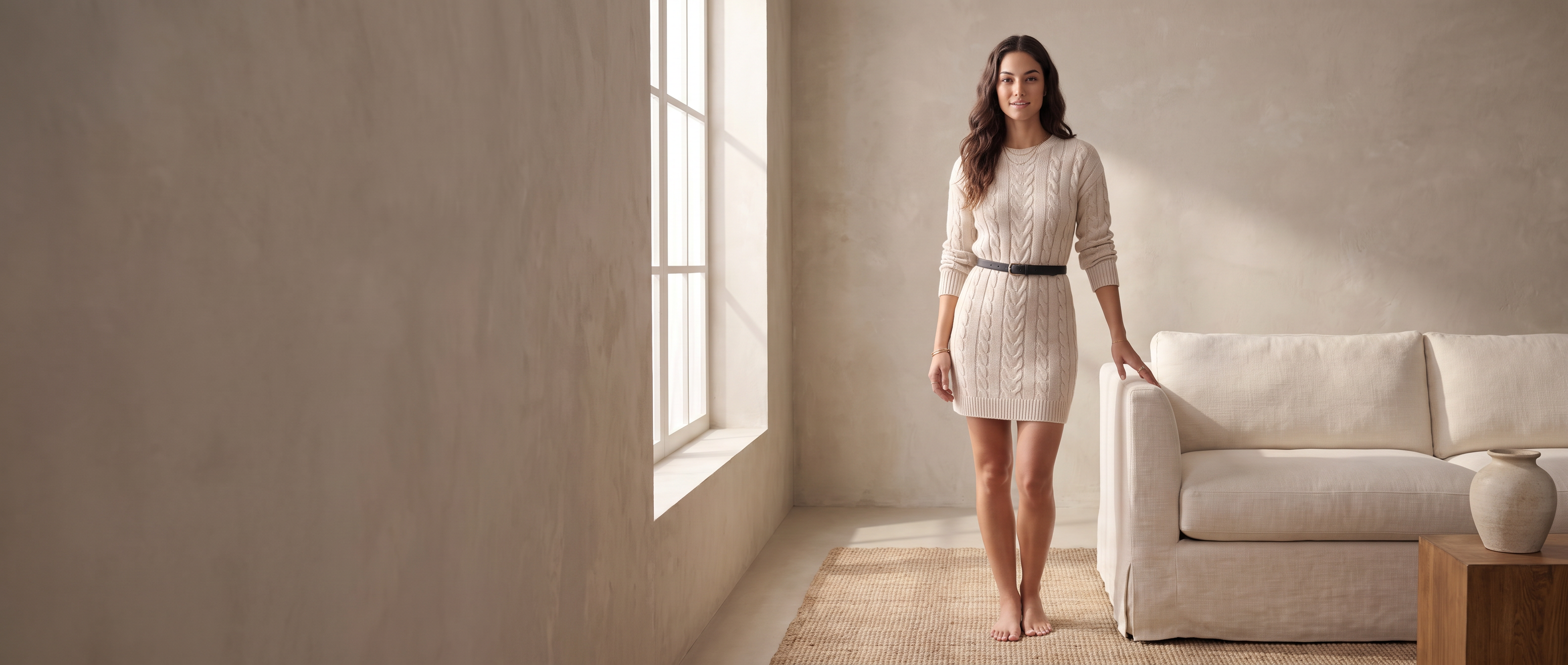 IBIANCO about hero, cream knit dress in warm minimal interior