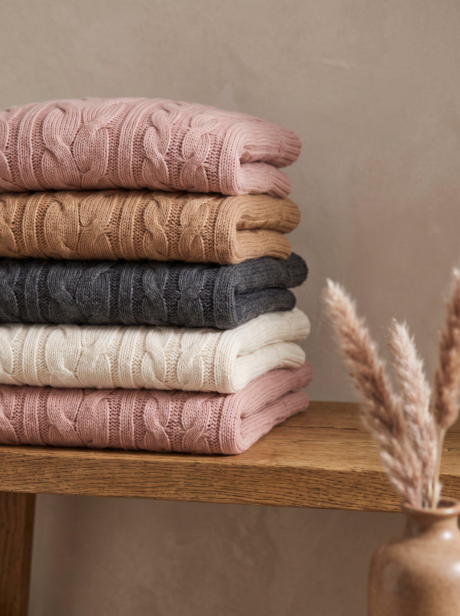 Folded IBIANCO knits in blush camel charcoal and cream