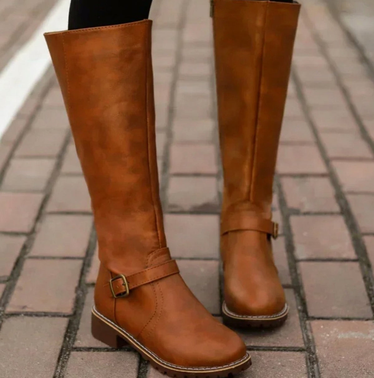 Buckle Strap Low Heel Riding Boots