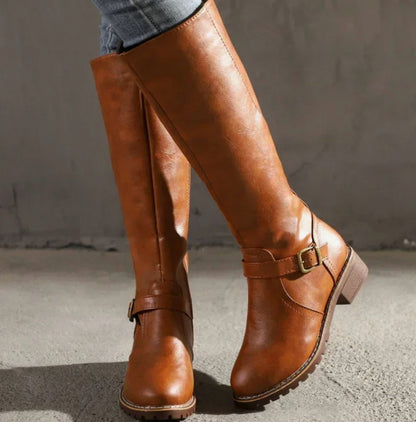Buckle Strap Low Heel Riding Boots