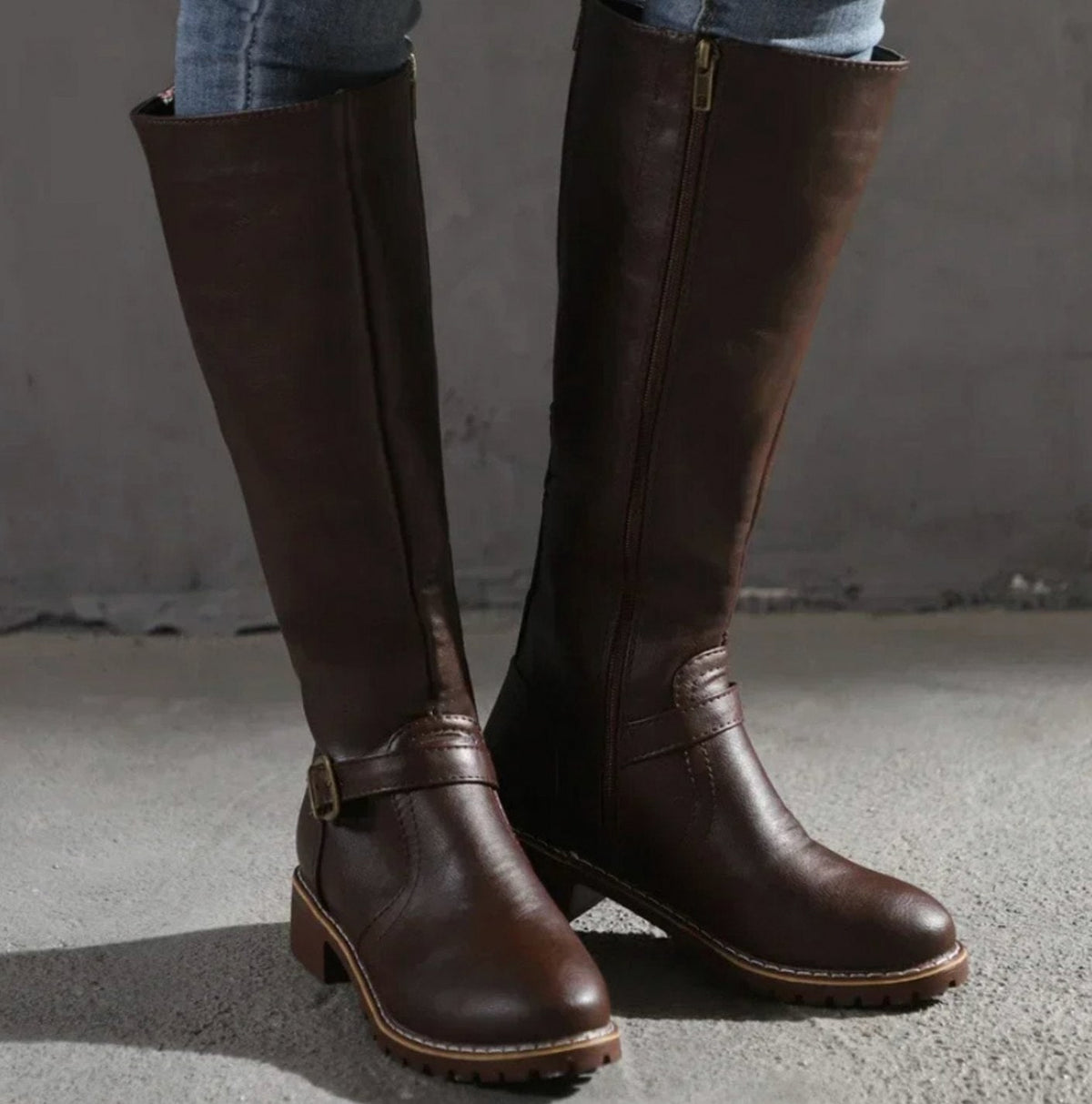 Buckle Strap Low Heel Riding Boots