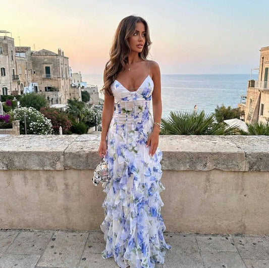 Chiffon Corset Ruffle Maxi Dress