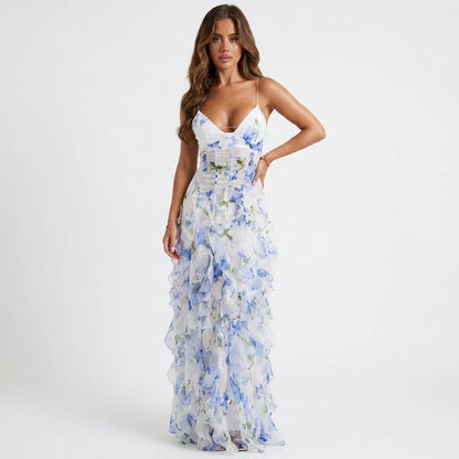 Chiffon Corset Ruffle Maxi Dress