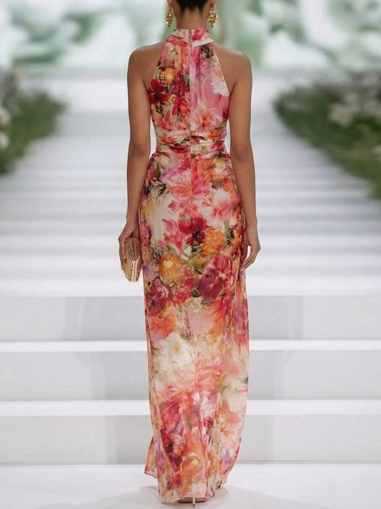 Chiffon Halter Draped Maxi Dress
