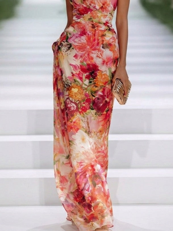 Chiffon Halter Draped Maxi Dress