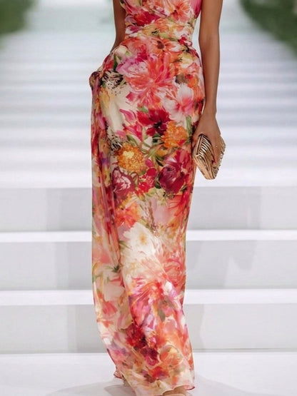 Chiffon Halter Draped Maxi Dress