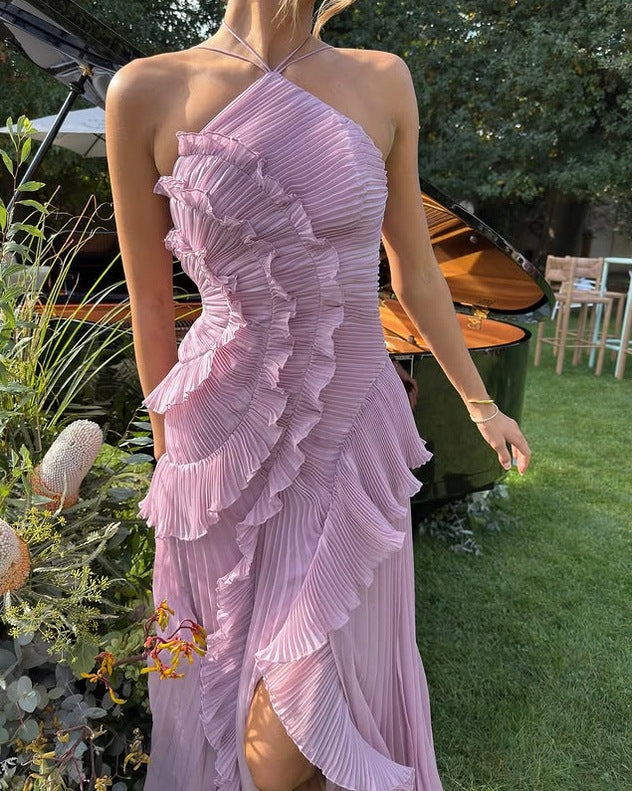 Chiffon Pleated Halter Maxi Dress
