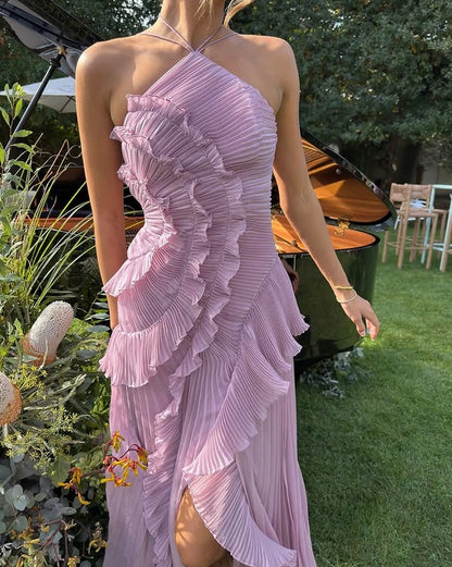 Chiffon Pleated Halter Maxi Dress