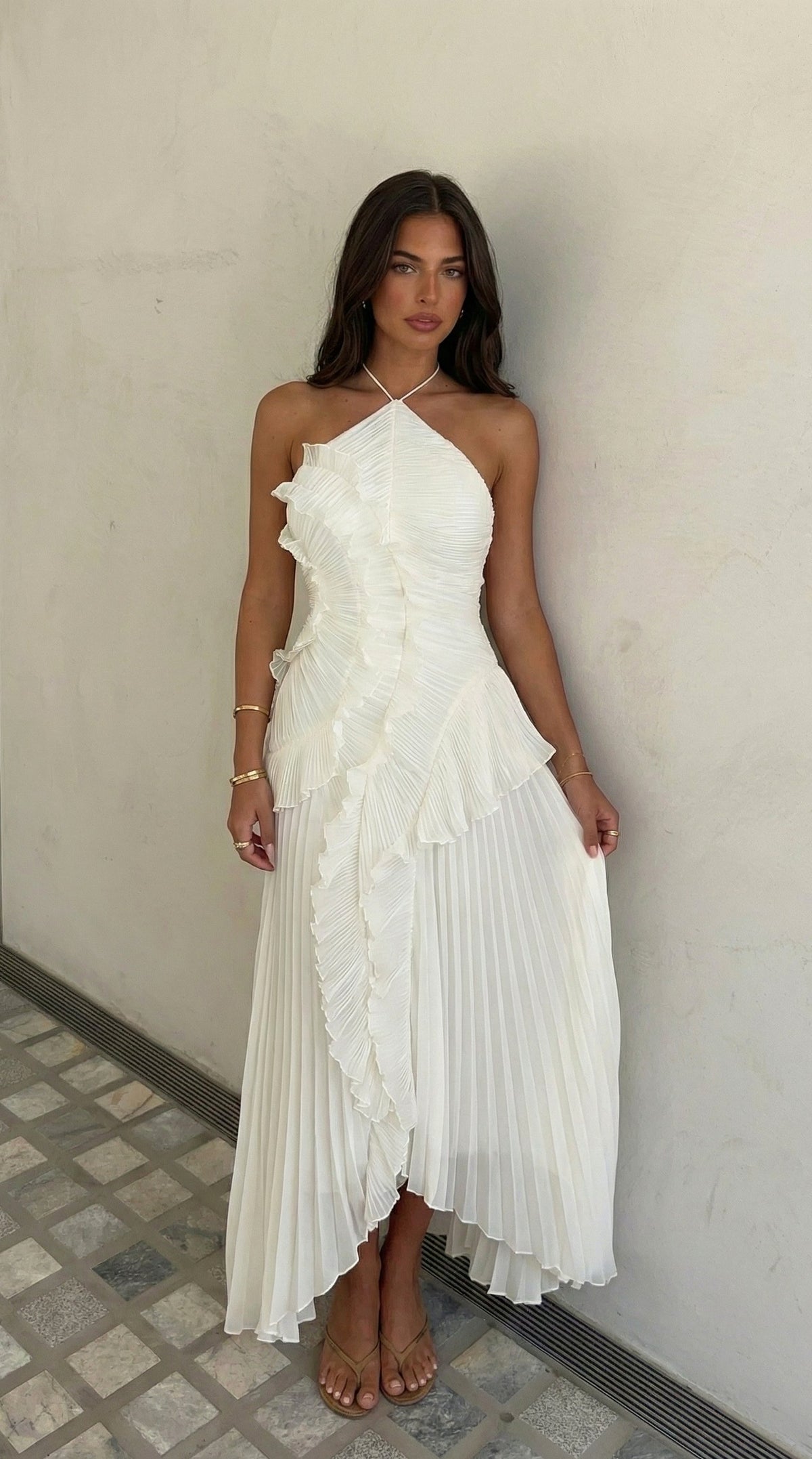 Chiffon Pleated Halter Maxi Dress