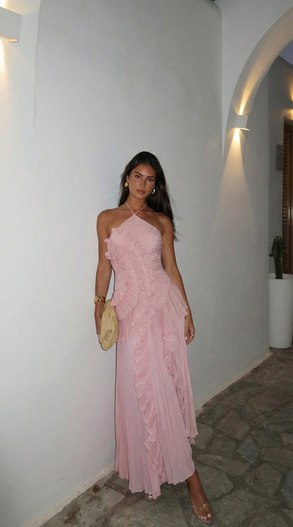 Chiffon Pleated Halter Maxi Dress