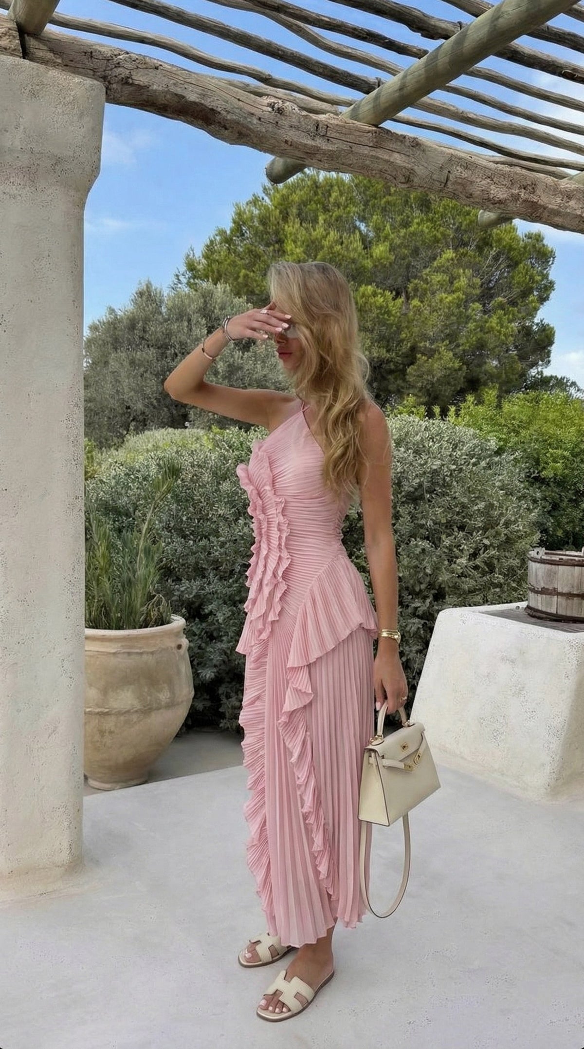 Chiffon Pleated Halter Maxi Dress