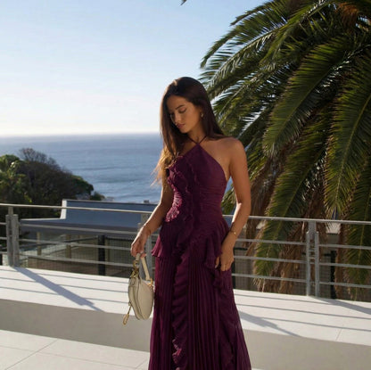 Chiffon Pleated Halter Maxi Dress