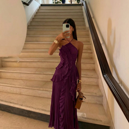 Chiffon Pleated Halter Maxi Dress