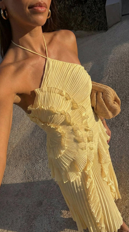 Chiffon Pleated Halter Maxi Dress
