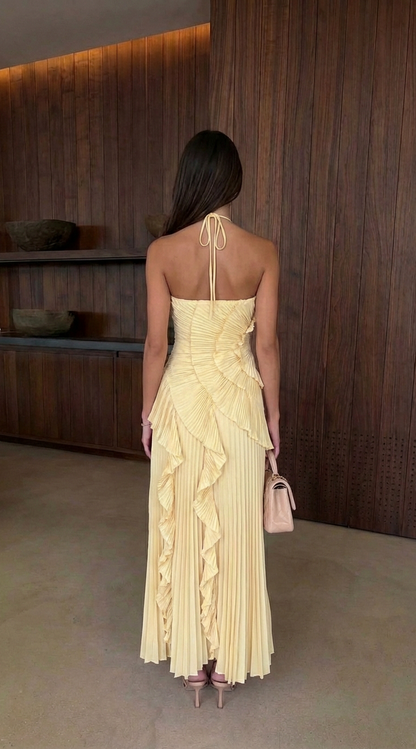 Chiffon Pleated Halter Maxi Dress