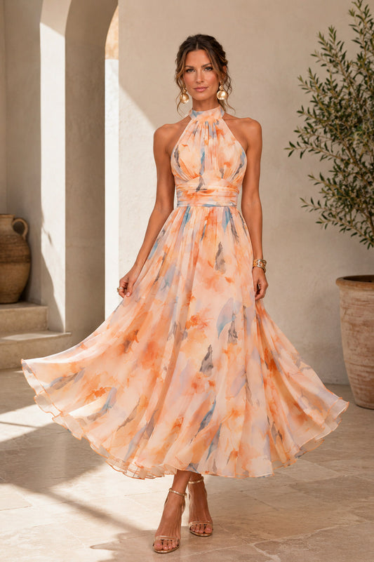 Chiffon Watercolor Floral Halter Maxi Dress