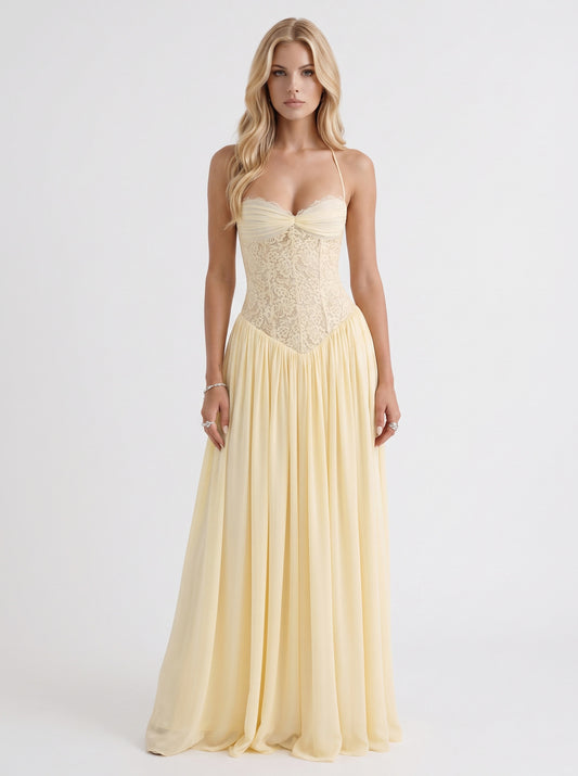 Corset Drop Waist Pleated Maxi Dress