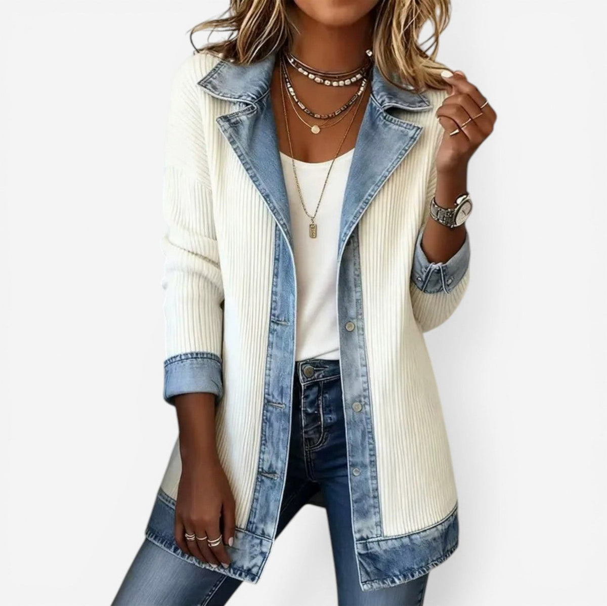 Denim Trim Ribbed Cardigan