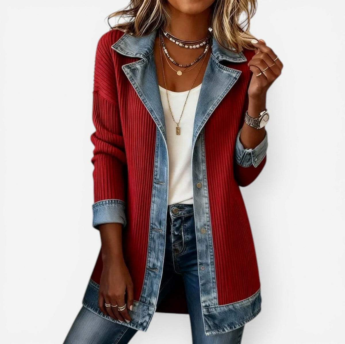 Denim Trim Ribbed Cardigan