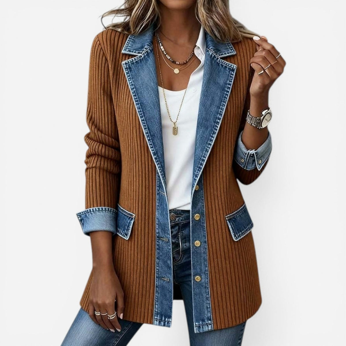 Denim Trim Ribbed Cardigan