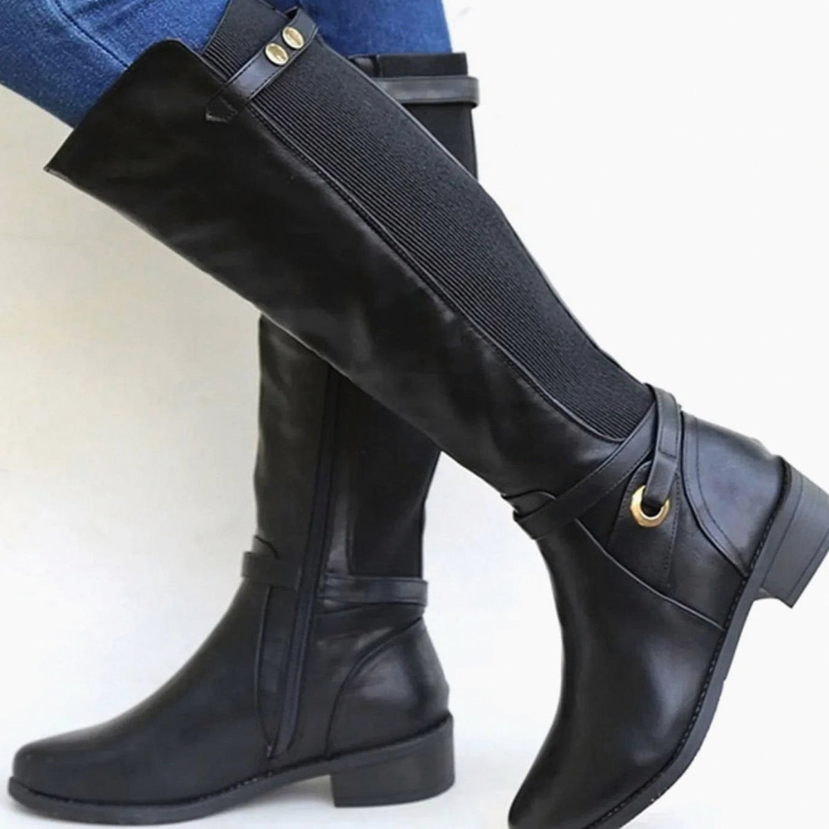 Faux Leather Buckle Knee High Boots