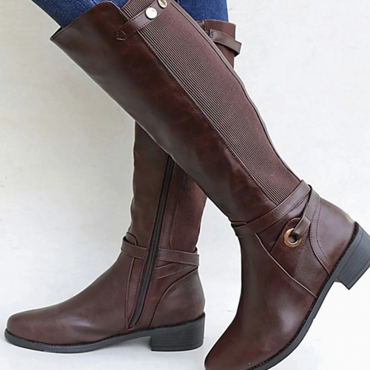 Faux Leather Buckle Knee High Boots