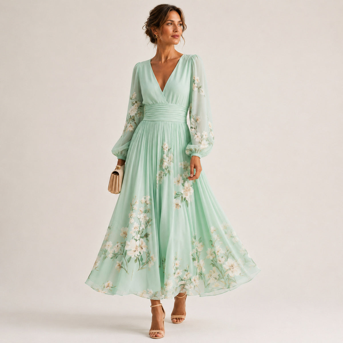 Floral Chiffon Long Sleeve Maxi Dress