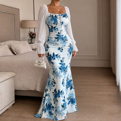 Floral Square Neck Long Sleeve Maxi Dress