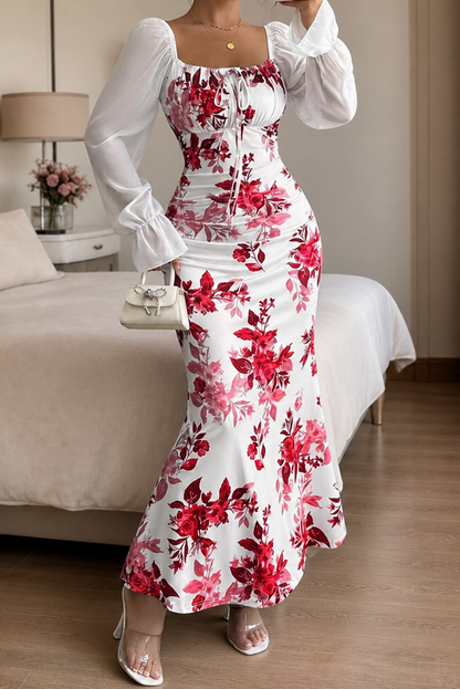 Floral Square Neck Long Sleeve Maxi Dress