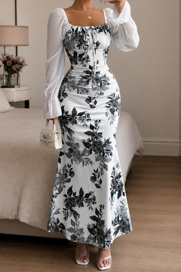 Floral Square Neck Long Sleeve Maxi Dress