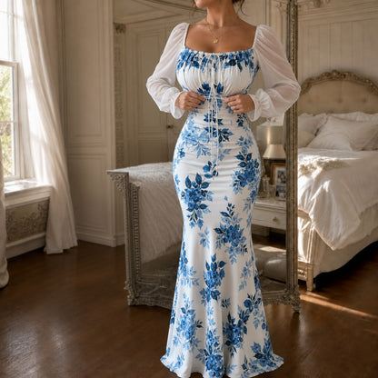 Floral Square Neck Long Sleeve Maxi Dress