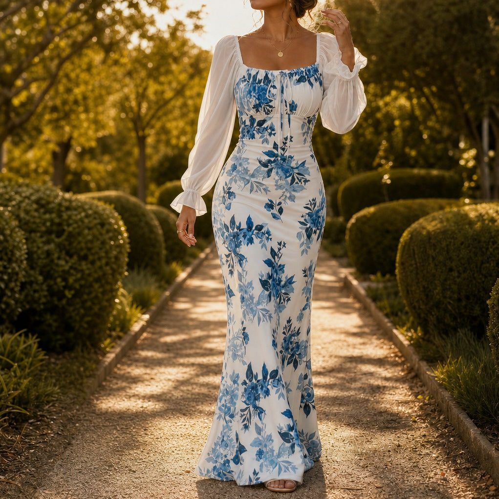 Floral Square Neck Long Sleeve Maxi Dress
