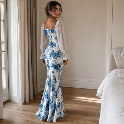 Floral Square Neck Long Sleeve Maxi Dress
