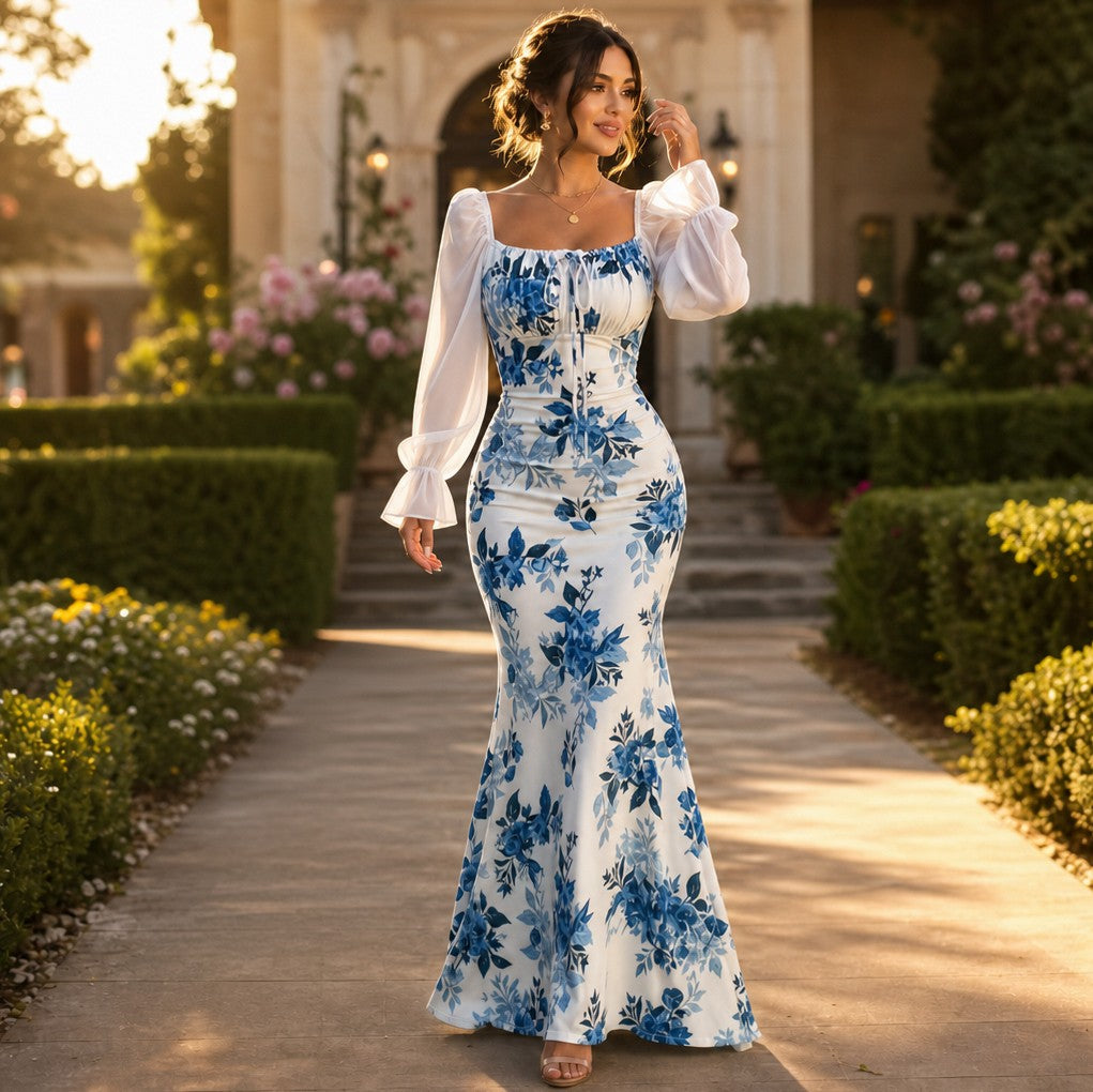 Floral Square Neck Long Sleeve Maxi Dress