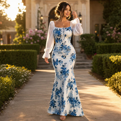 Floral Square Neck Long Sleeve Maxi Dress