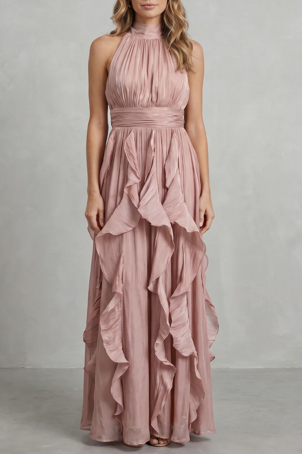 Halter Pleated Tiered Maxi Dress