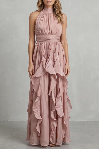 Halter Pleated Tiered Maxi Dress