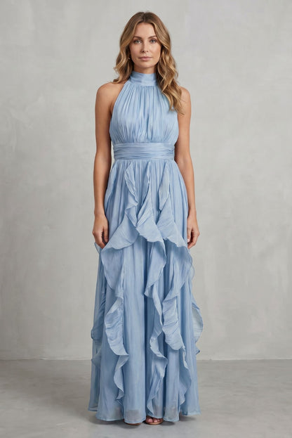 Halter Pleated Tiered Maxi Dress