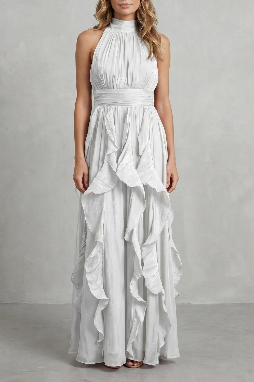 Halter Pleated Tiered Maxi Dress