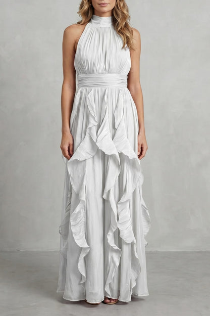Halter Pleated Tiered Maxi Dress